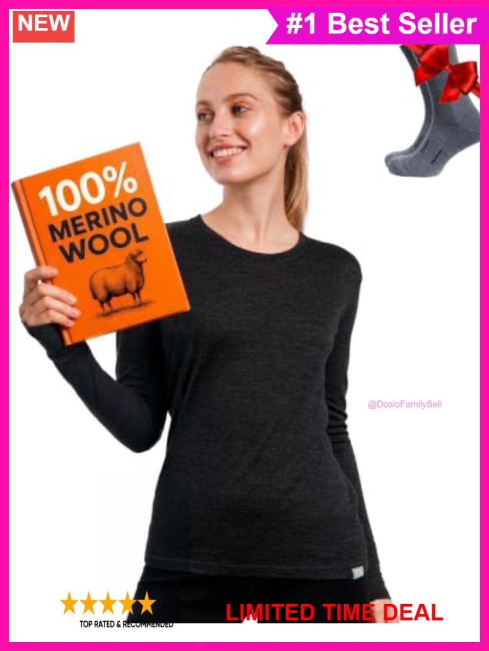 100% Merino Wool Base Layer Women Long Sleeve Thermal Crew Neck Hiking Shirt